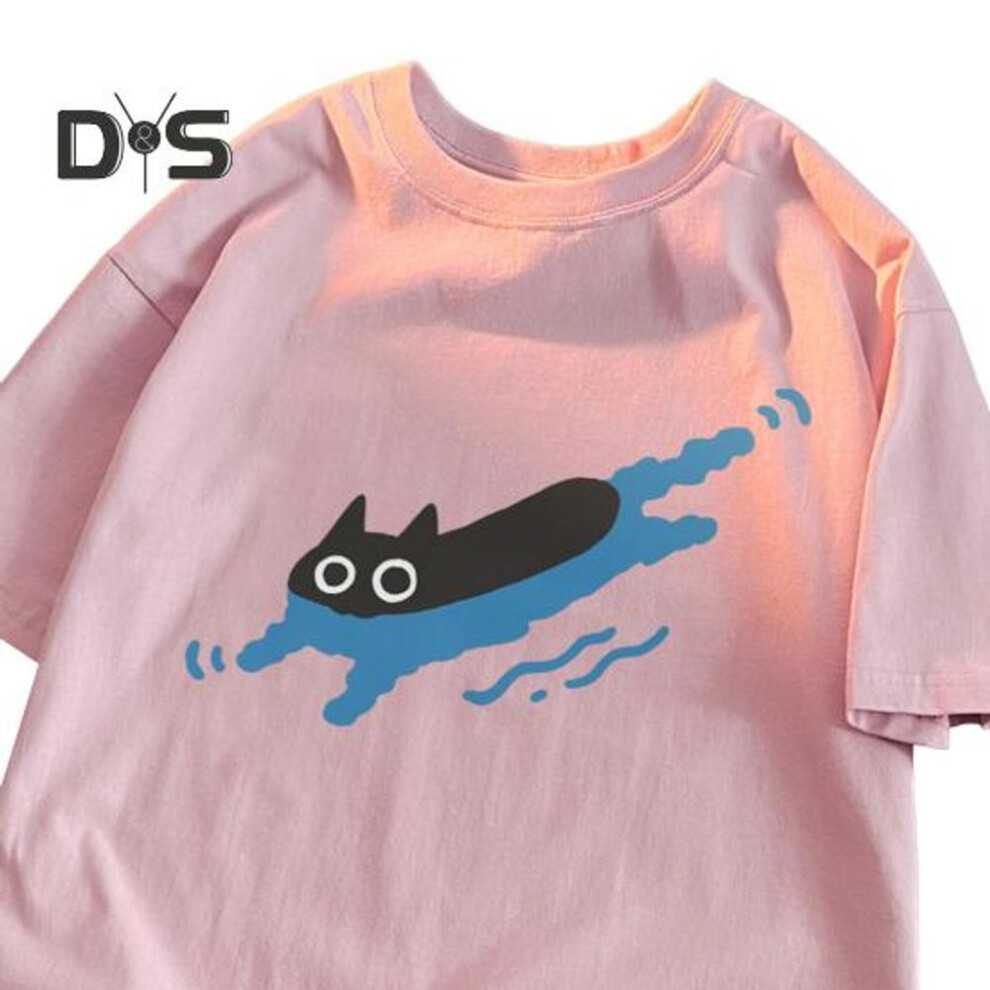 (XL, pink) Couple Casual Tee Shirt Cartoon Black Cat Print T-shirt Round Neck Loose Summer Top For Men Women Home Gym Street Wear