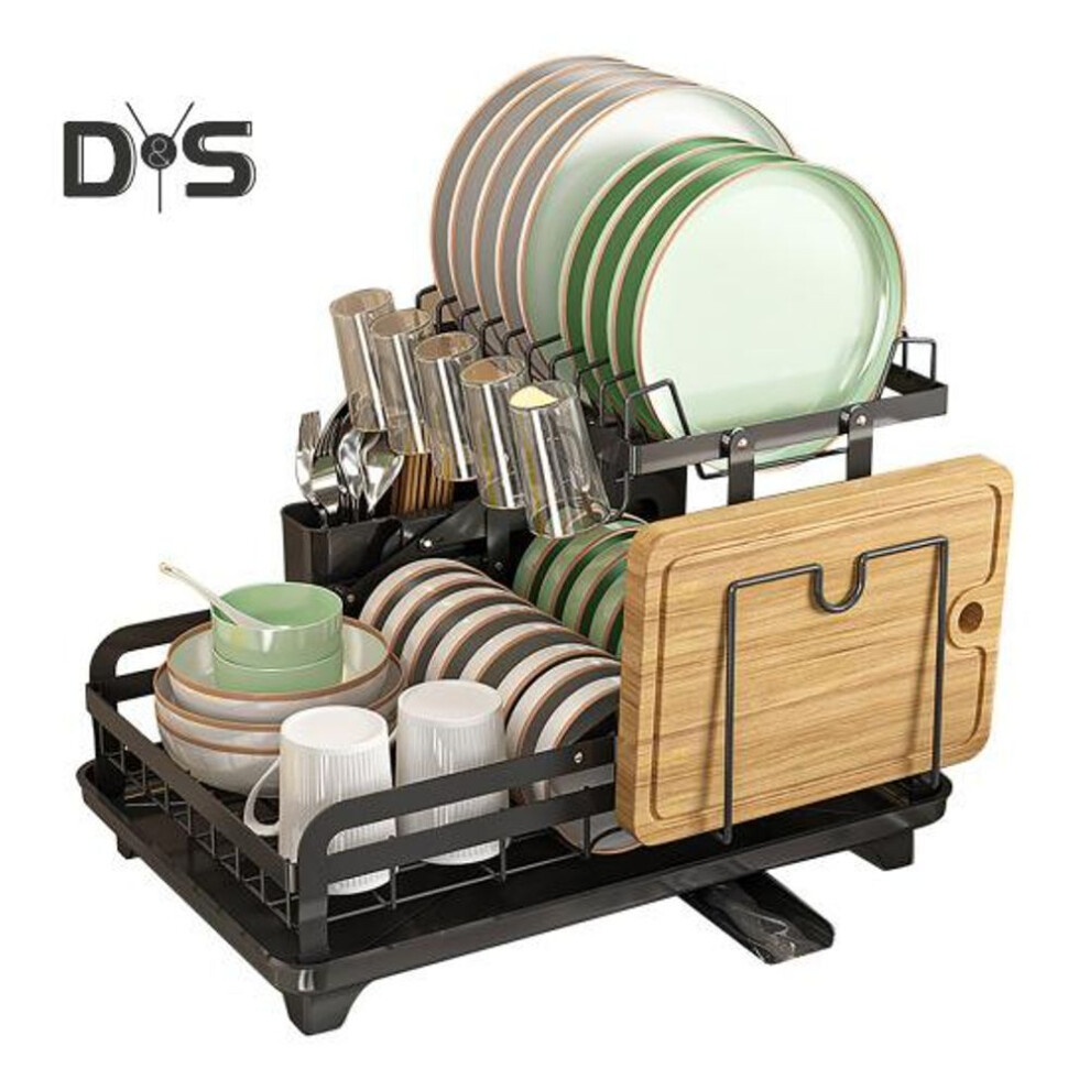 (black) 2-tier Metal Dish Drying Rack With Drain Board 360-degree Rotatable Anti-rust Coating No Installation Needed Kitchen Counter Storage Rack