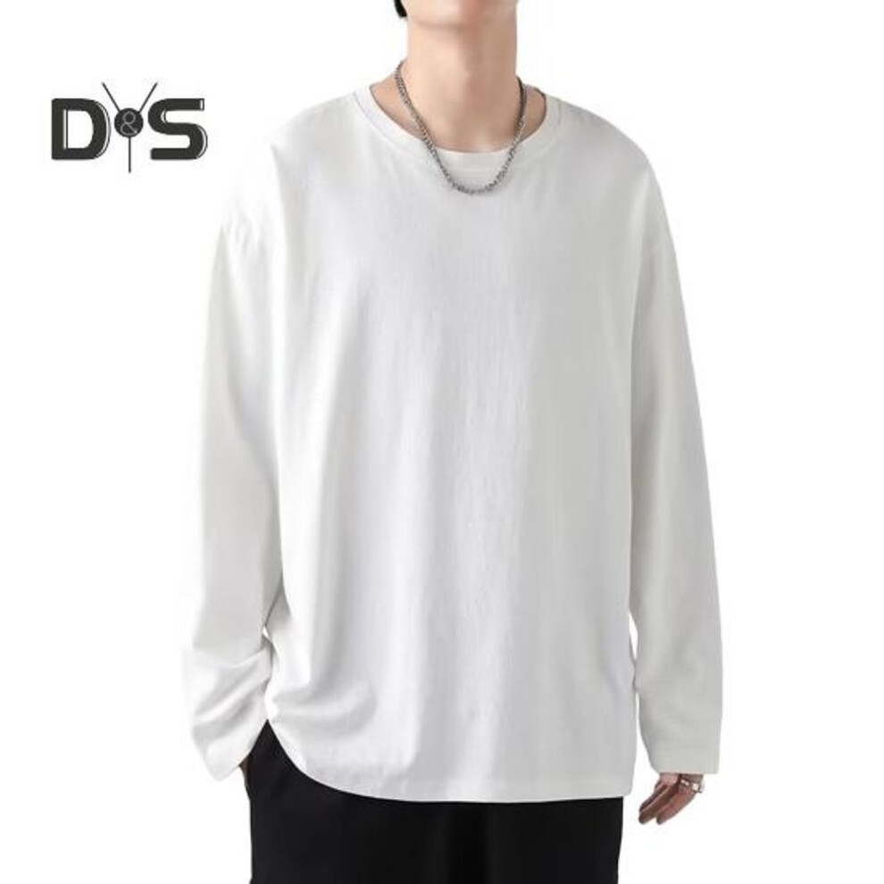 (white, 3XL) Men T-shirt Round Neck Long Sleeve Solid Color Pullover Tops Loose Fit Soft Breathable Tee Shirt Home Gym Street Wear