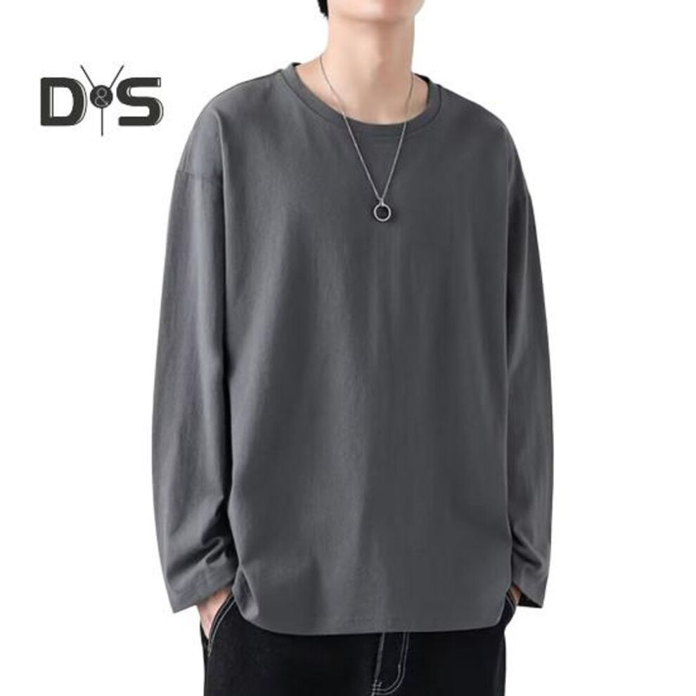 (dark gray, M) Men T-shirt Round Neck Long Sleeve Solid Color Pullover Tops Loose Fit Soft Breathable Tee Shirt Home Gym Street Wear
