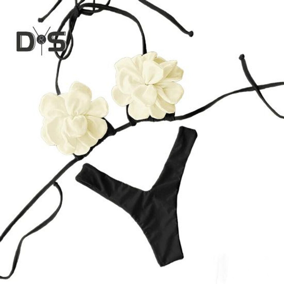 (S, black) 2Pcs/Set Summer Bikini Set Adjustable Drawstring Lace-Up Halter Neck 3D Flower Bra Low-rise Swimming Briefs Set Swimwear