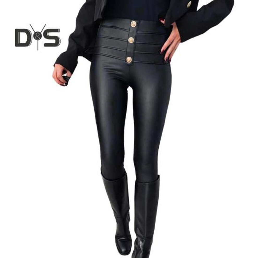 (black, XL) Women Casual Pants High Waist Pleated Buttons Decor Slim Leg Design Trousers Solid Color High Street Style Pants
