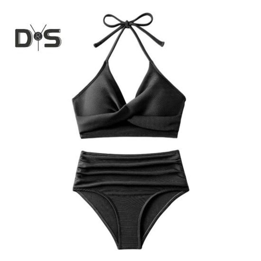 (M, black) 2pcs/set Summer Bikini Set Halter Padded Bra With Pleated Detail High Waist Swimming Trunks Set Solid Color Swimsuit