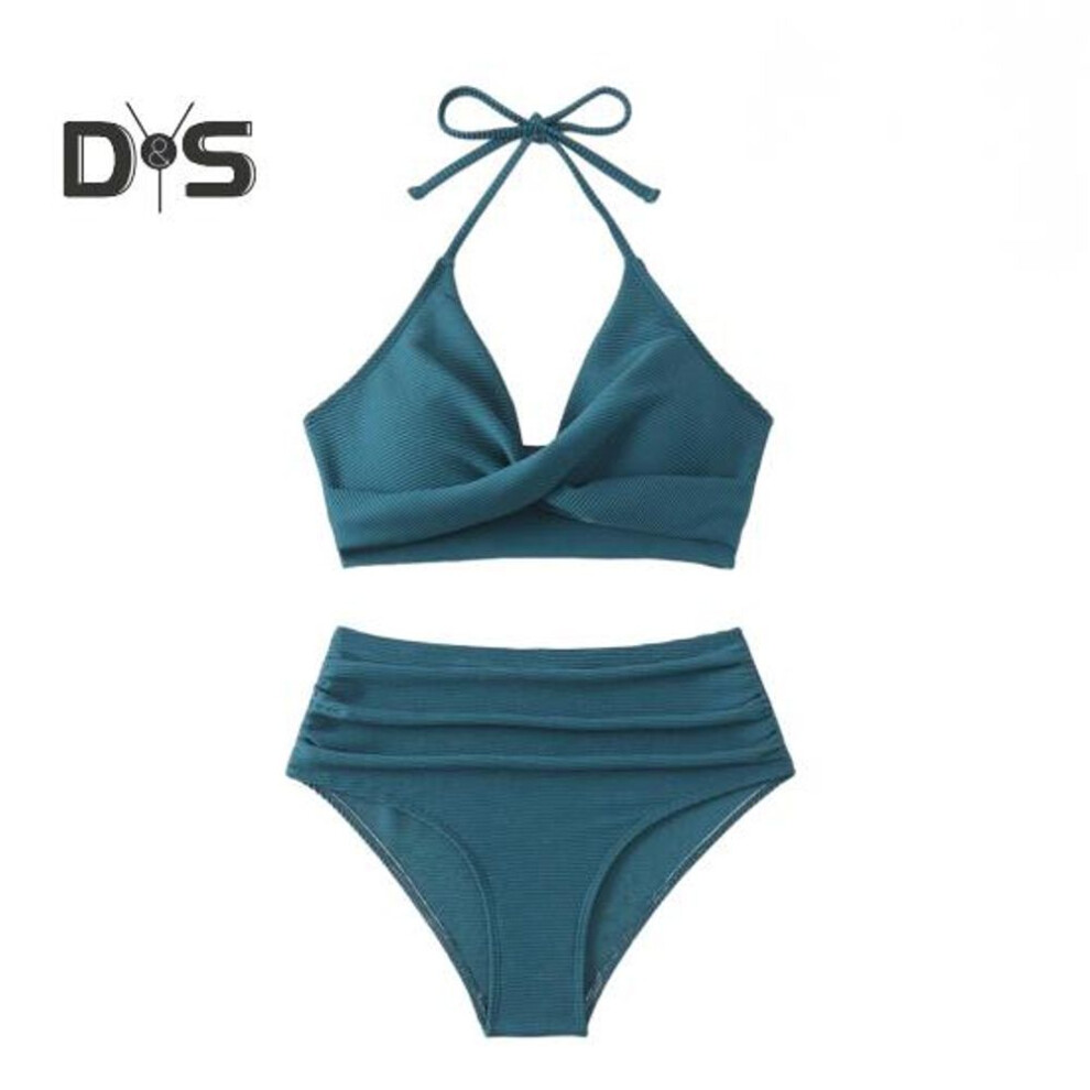 (L, green) 2Pcs/Set Summer Bikini Set Halter Padded Bra with Pleated Detail High Waist Swimming Trunks Set Solid Color Swimsuit