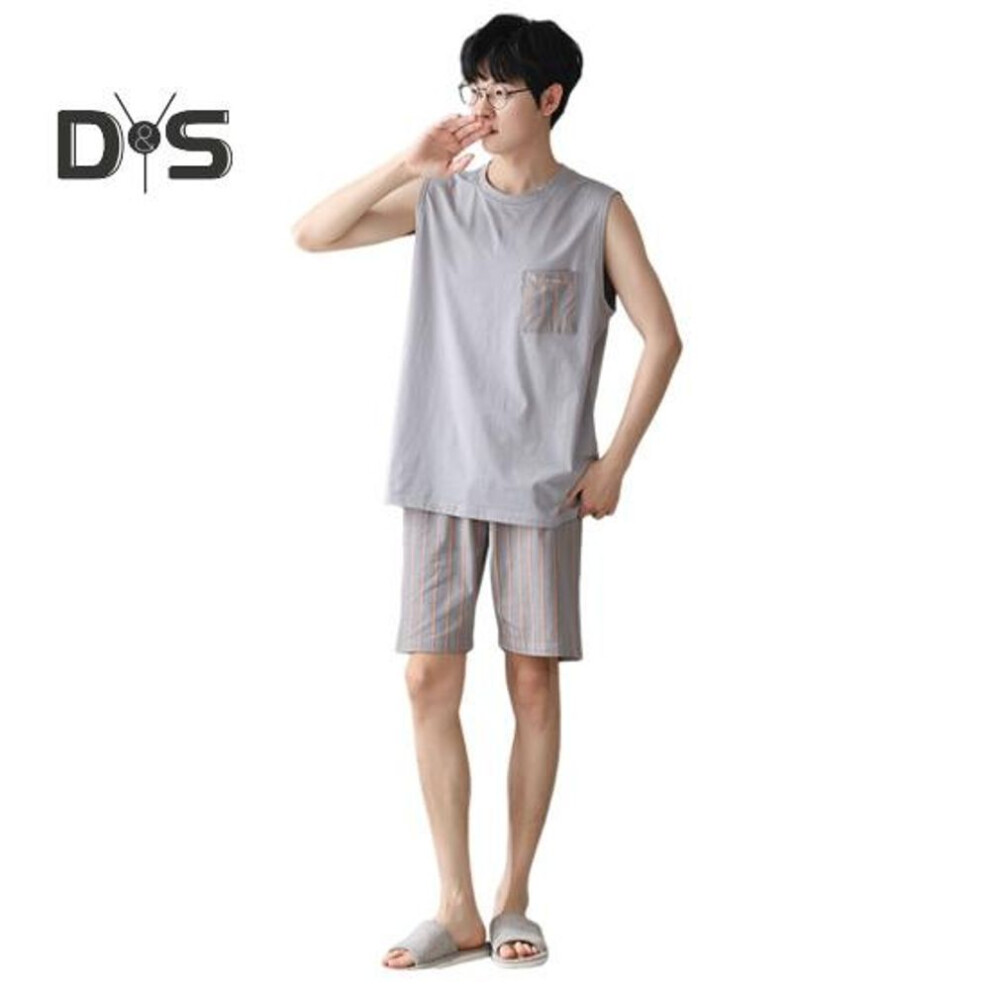 (2XL, light grey) Men Pajamas Set Round Neck Sleeveless Loose Fit Soft Breathable Sleepwear Loungewear Pajamas Two-Piece Set