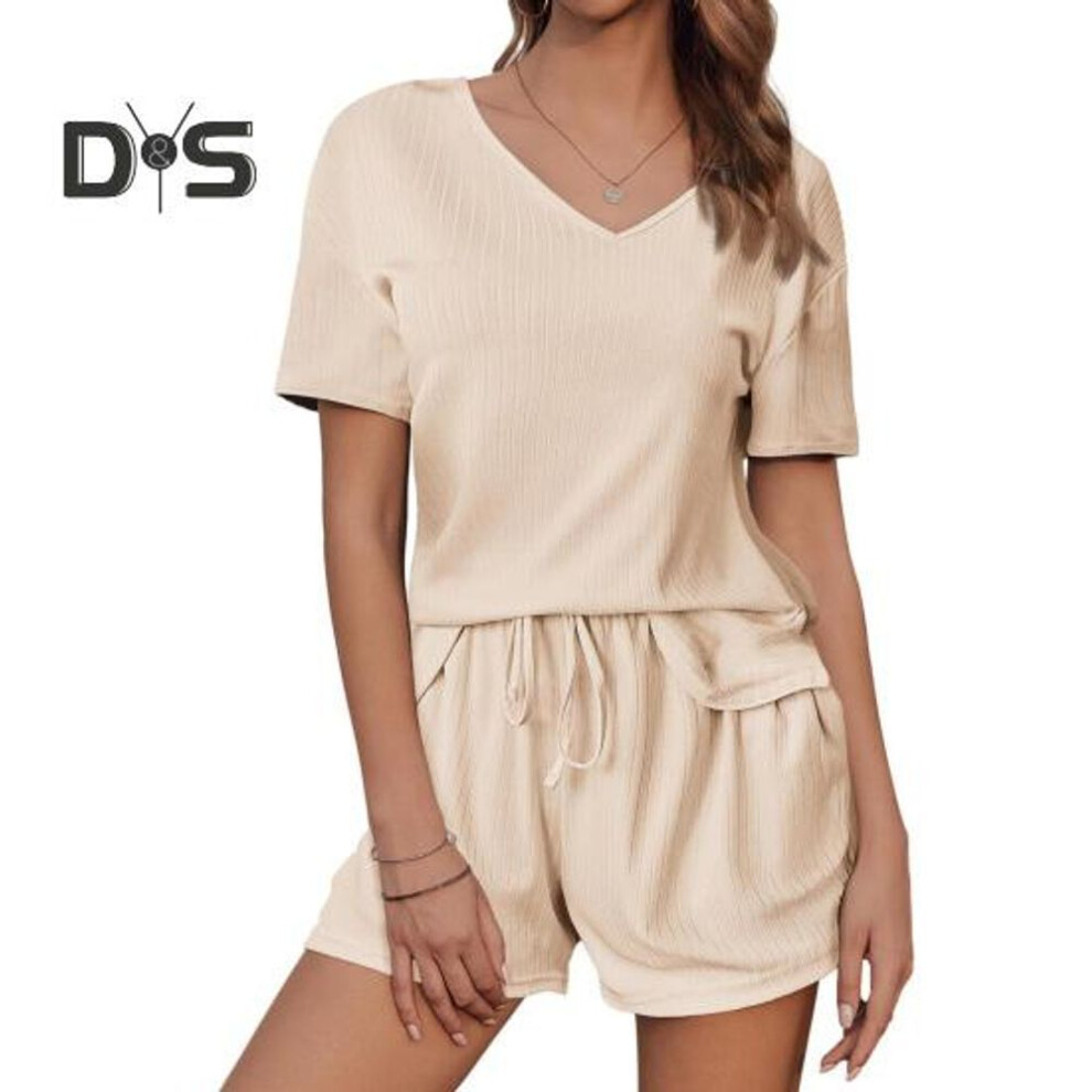 (apricot, M) 2Pcs/Set Women Summer Outfit V-neck Short Sleeve T-shirt Elastic Drawstring Waist Shorts Set Solid Color Loose Fit Casual Outfit