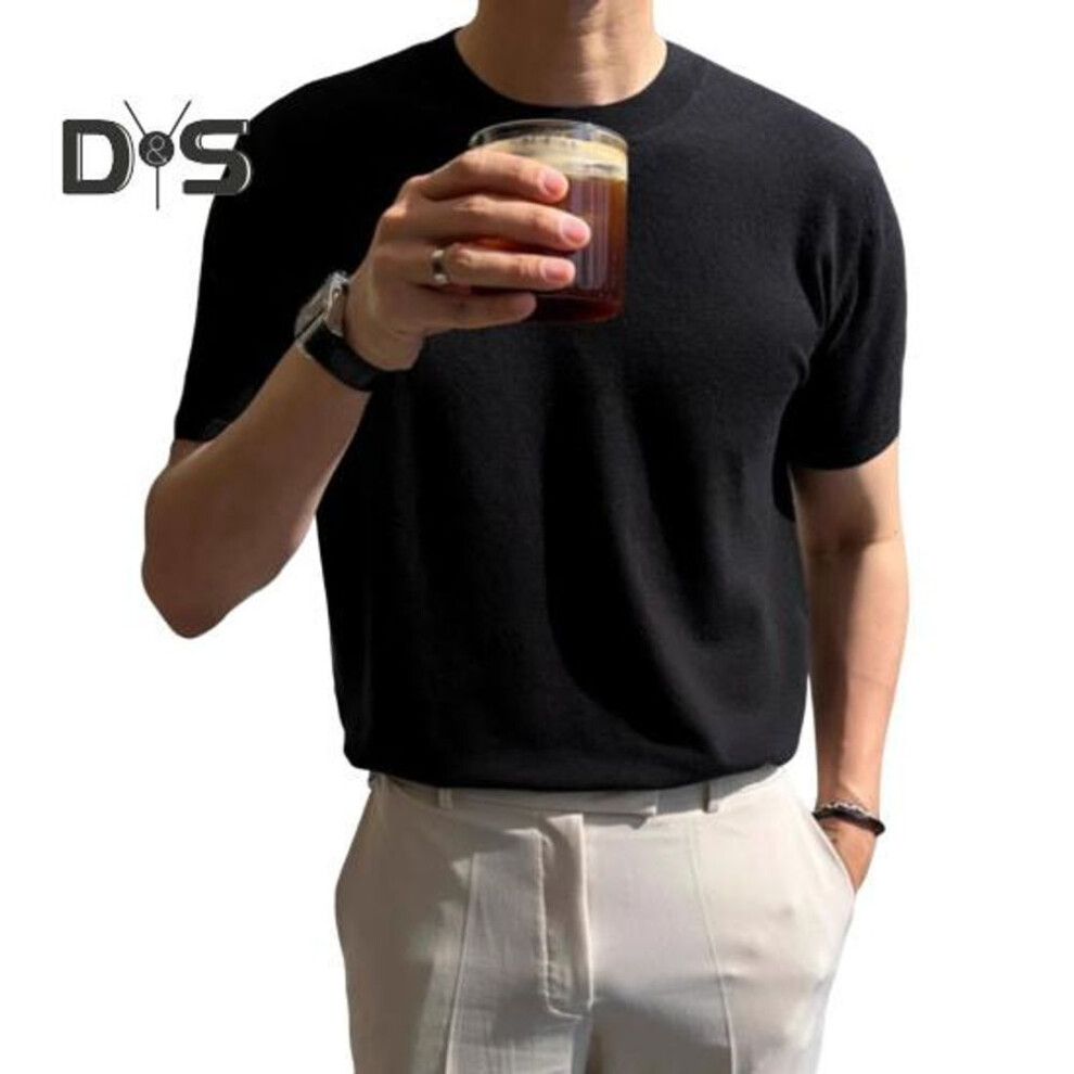 (black, M) Summer Men T-Shirt Crew Neck Solid Color Short Sleeves Knitted Shirt Breathable Slim Fit Lightweight Basic Tee Casual Business Top