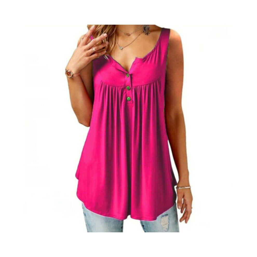 (Rose red,M)Tunique femme à volants col O swing chemisier boutonné sans manches chemise décontractée débardeurs