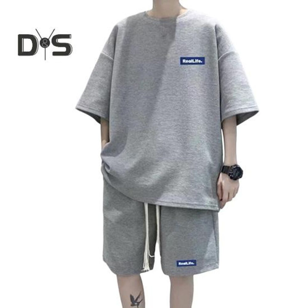 (grey, XXXL) Men's 2 Piece Outfits Casual Tracksuit Shorts Set Summer Oversize Short Sleeve Sweatsuit Sport Set Waffle Texture Fabric Loungewear Matching Suit