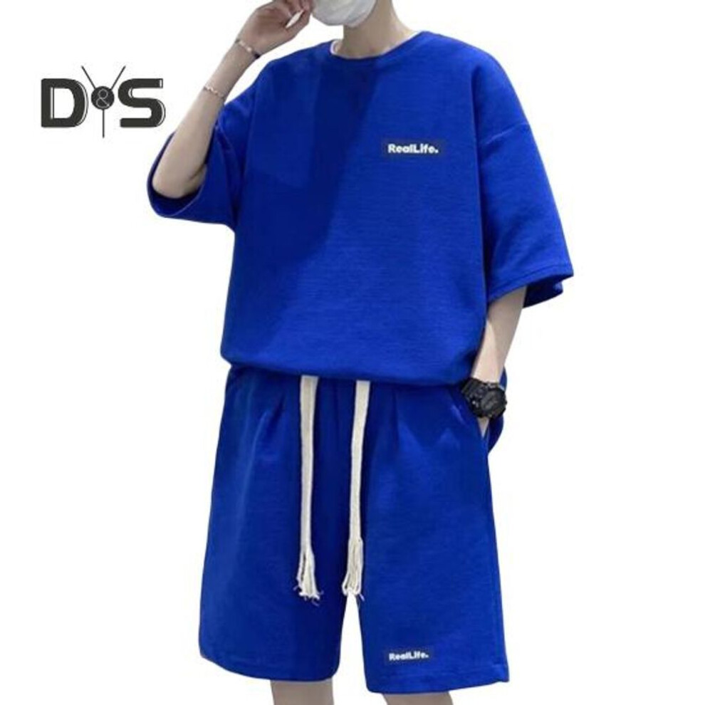 (blue, L) Men's 2 Piece Outfits Casual Tracksuit Shorts Set Summer Oversize Short Sleeve Sweatsuit Sport Set Waffle Texture Fabric Loungewear Matching Suit