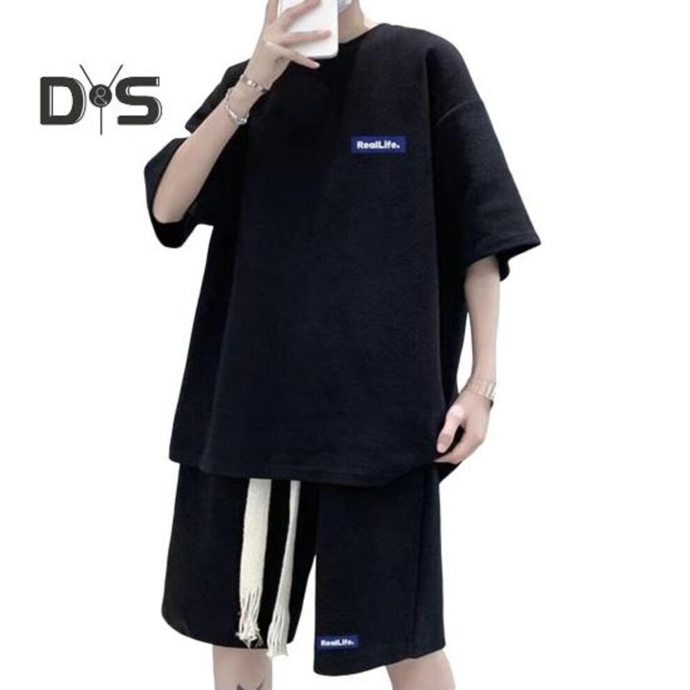 (black, XXL) Men's 2 Piece Outfits Casual Tracksuit Shorts Set Summer Oversize Short Sleeve Sweatsuit Sport Set Waffle Texture Fabric Loungewear Matching Suit