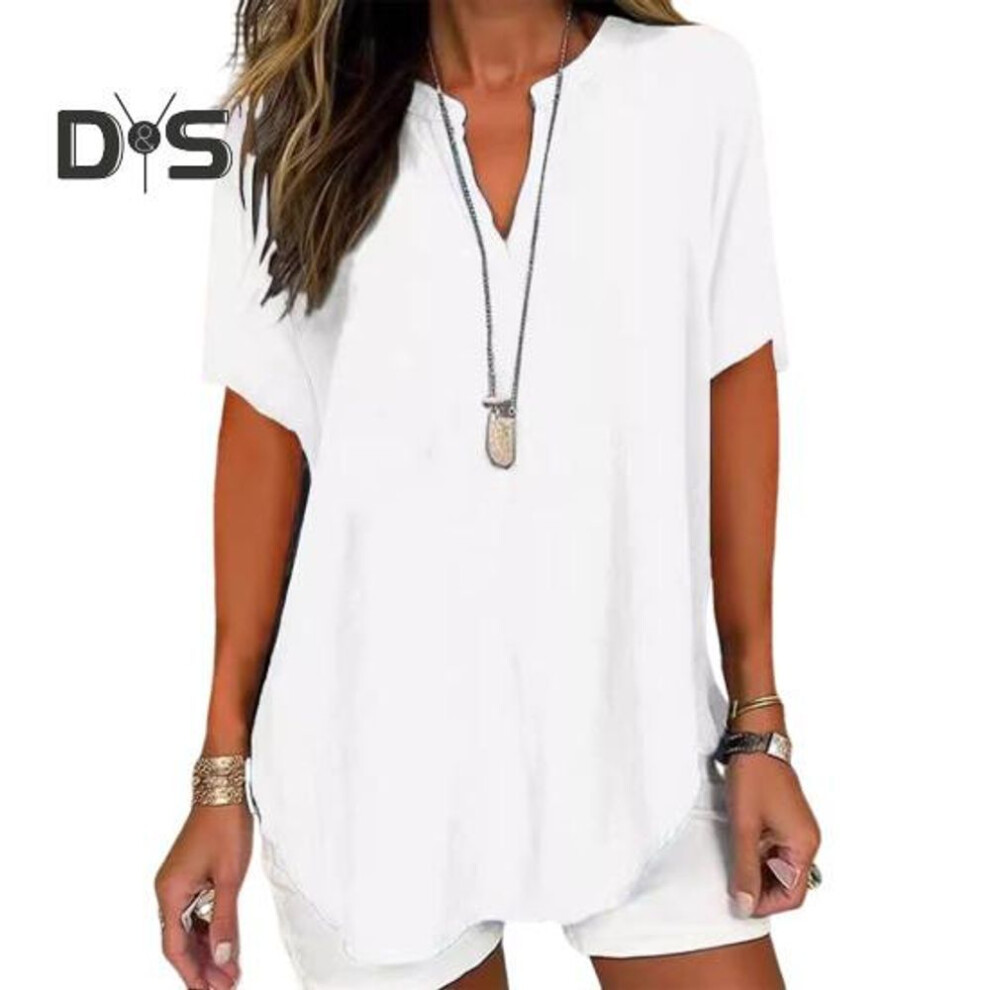 (XL, white) Women Shirt V-Neck Short Sleeve Loose Fit Casual Style Shirt Solid Color Elastic Tee Shirt Daily Wear