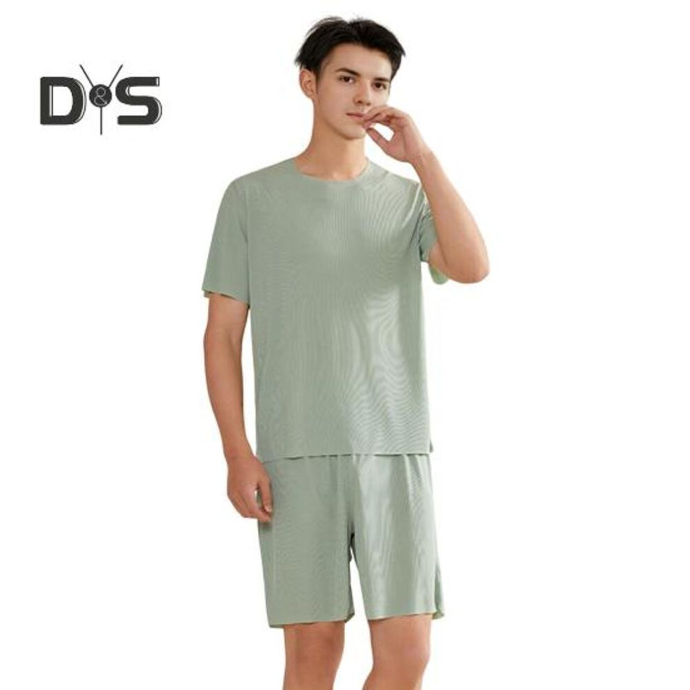 (4XL, green) 2Pcs/Set Men Pajamas Set O-Neck Short Sleeve T-shirt Elastic Waist Shorts Set Solid Color Home Clothing Suit