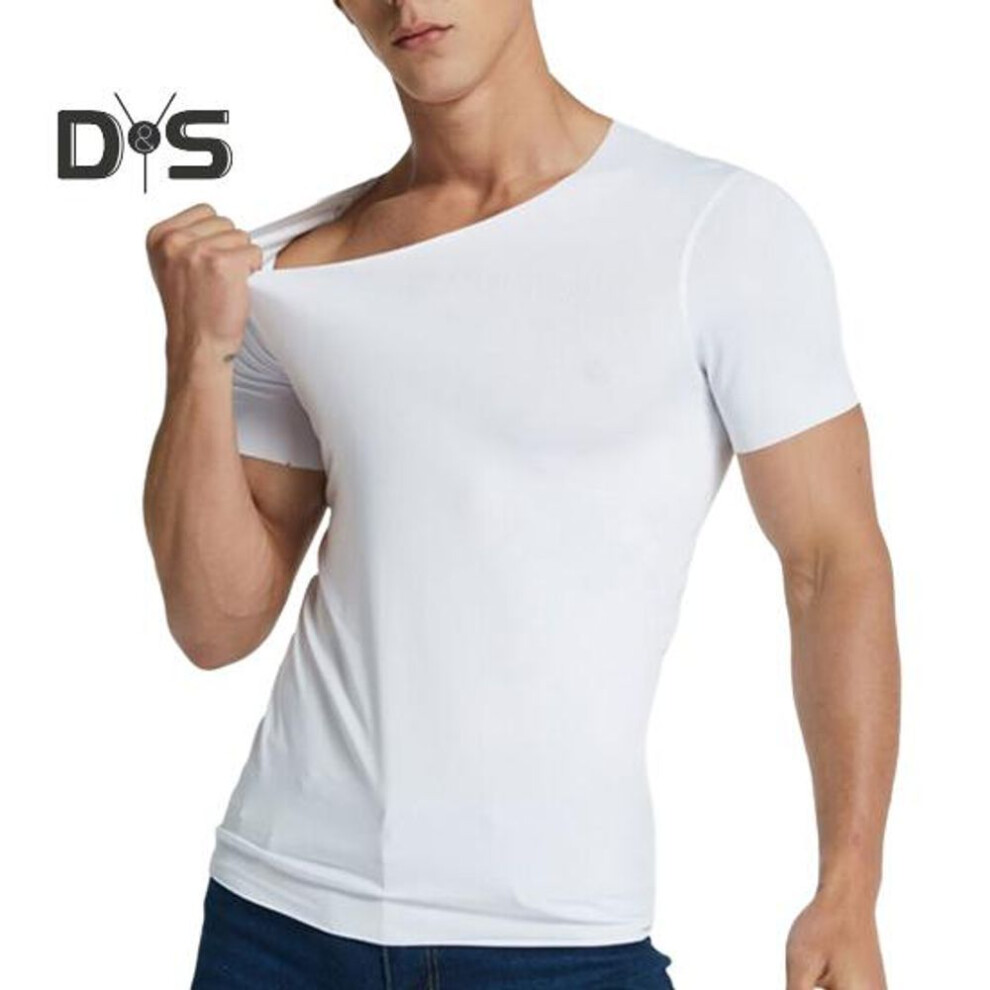 (white, XL) Men's Ice Silk T-shirts Casual Short Sleeve Sports Tee Summer Breathable Moisture V-neck Undershirt Top