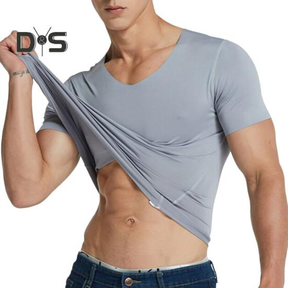 (grey, L) Men's Ice Silk T-Shirts Casual Short Sleeve Sports Tee Summer Breathable Moisture V-Neck Undershirt Top