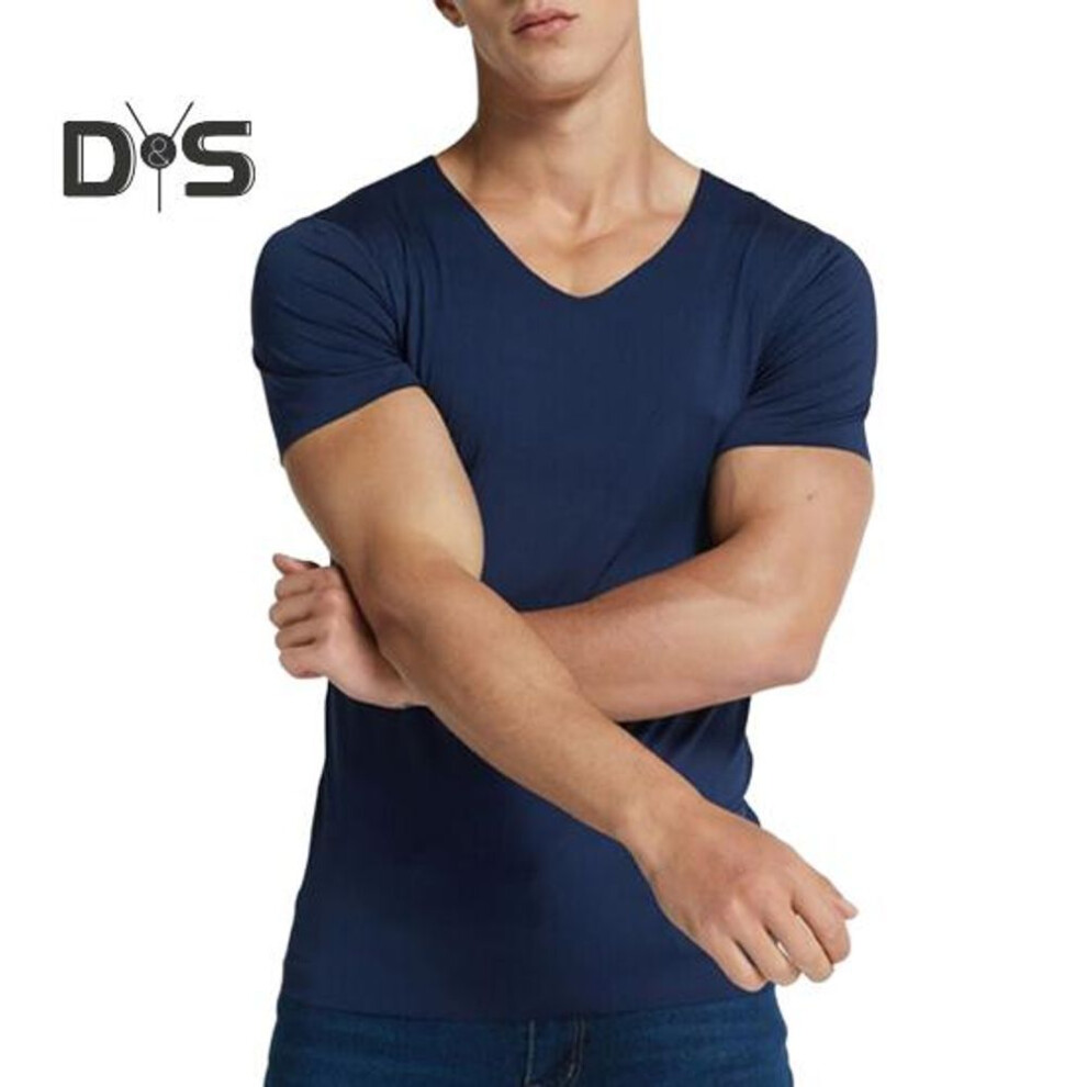 (navy blue, M) Men's Ice Silk T-Shirts Casual Short Sleeve Sports Tee Summer Breathable Moisture V-Neck Undershirt Top