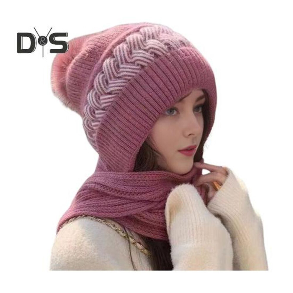 (pink) Women Winter Hat With Scarf Thick Warm Plush Windproof Cycling Headwear Contrast Color Elastic Full Protecting Outdoor Travel Cold Weather Skiing Cap