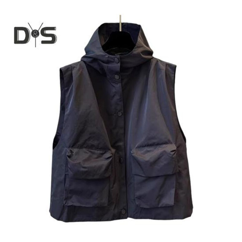 (black, M) Cargo Waistcoat With Hood Sleeveless Zipper Placket Solid Color Vest Coat With Pockets Loose Fit Solid Color Street Style Waistcoat