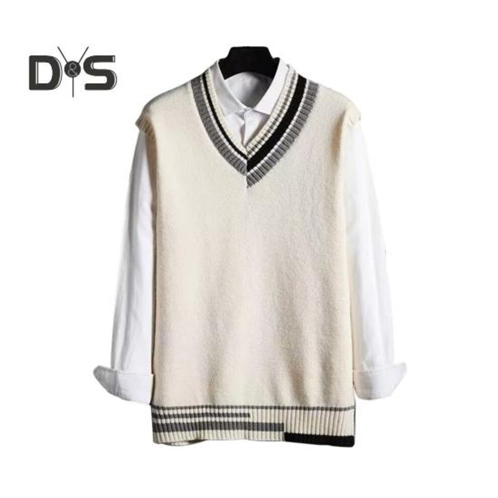 (white, XXL) Men Vest Sweater V Neck Sleeveless Loose Colorblock Knitted Pullover Mid Length Thickened Preppy And Business Style Sweater