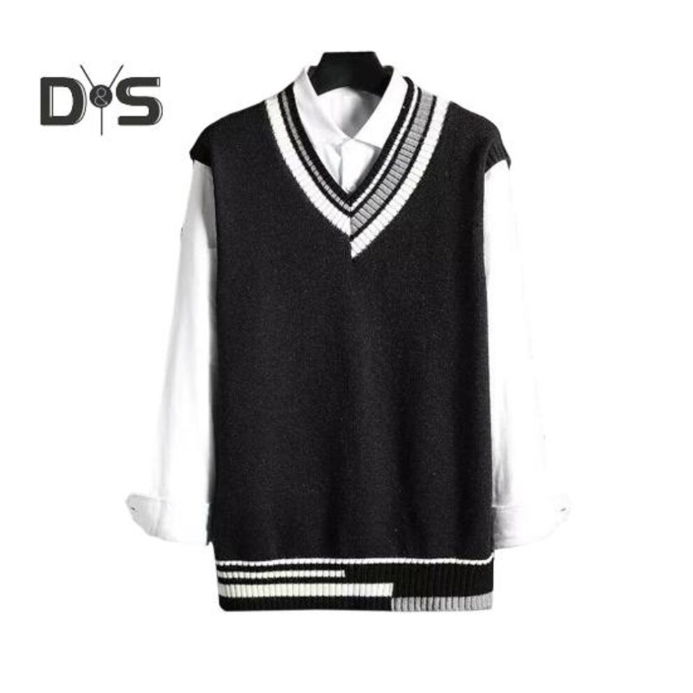 (black, XXL) Men Vest Sweater V Neck Sleeveless Loose Colorblock Knitted Pullover Mid Length Thickened Preppy And Business Style Sweater