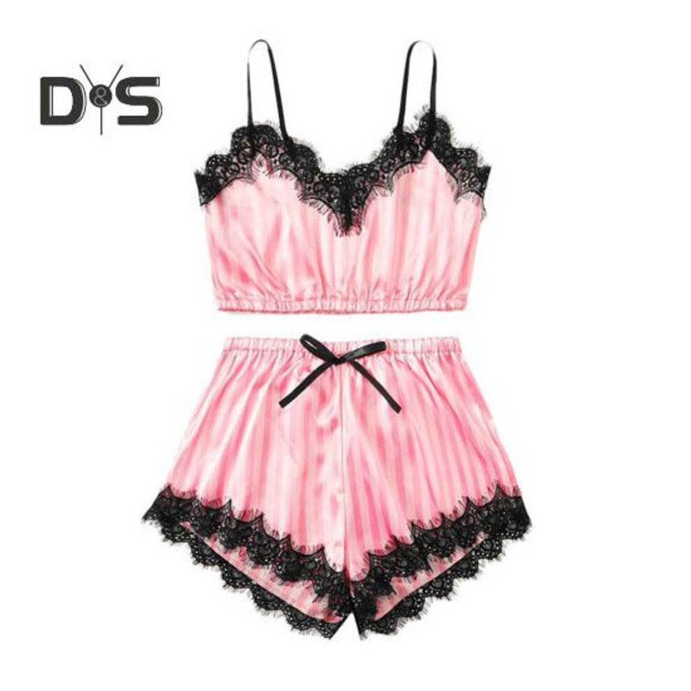 (L, hot pink) Women's 2 Piece Pajama Set Lace Trim V Neck Cami Crop Top Elastic Waist Shorts Set Casual Sleeveless Sleepwear Lounge Set