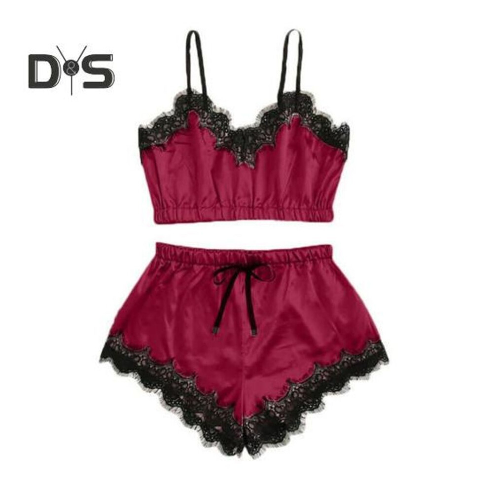 (XL, wine red) Women's 2 Piece Pajama Set Lace Trim V Neck Cami Crop Top Elastic Waist Shorts Set Casual Sleeveless Sleepwear Lounge Set