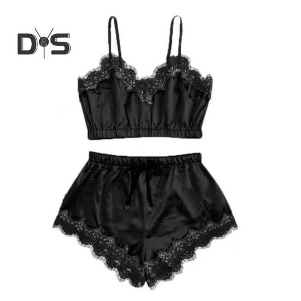 (S, black) Women's 2 Piece Pajama Set Lace Trim V Neck Cami Crop Top Elastic Waist Shorts Set Casual Sleeveless Sleepwear Lounge Set