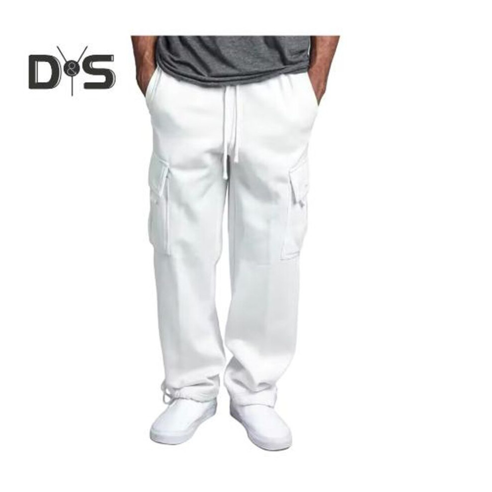 (white, XXL) Men Cargo Pants With Multi Pockets Wide Leg Loose Solid Color Drawstring Elastic Waist Full Length Sweatpants Daily Sport Trousers
