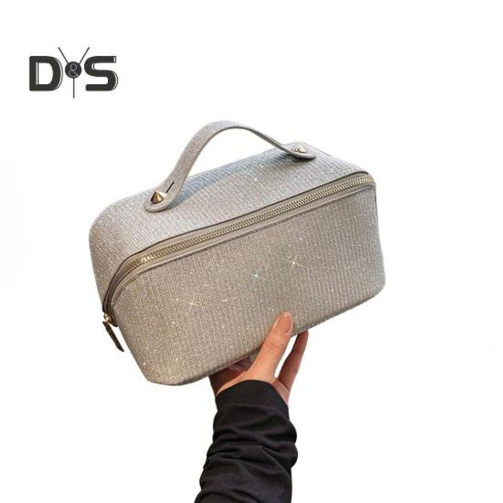 (silver) Cosmetic Bag With Handle Shiny Surface Detachable Design Zipper Closure Large Capacity Waterproof Travel Toiletry Bag For Makeup Skincare Brushes