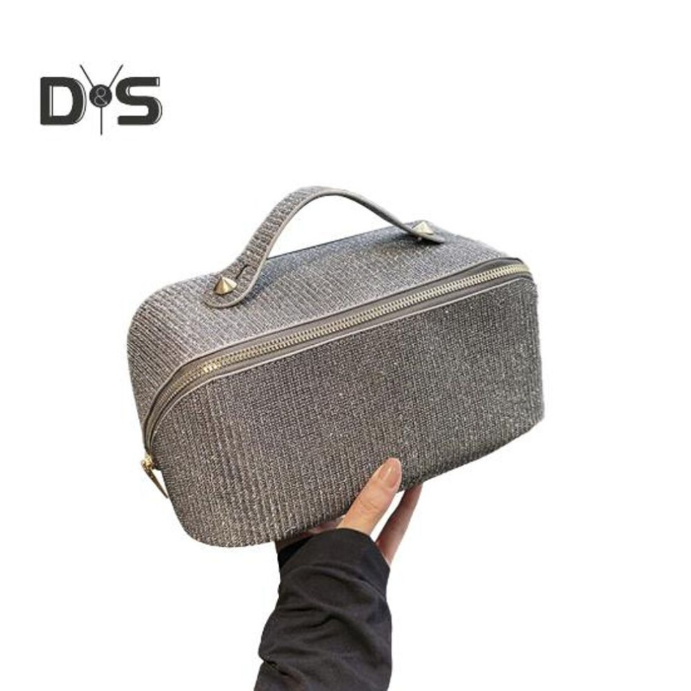 (grey) Cosmetic Bag With Handle Shiny Surface Detachable Design Zipper Closure Large Capacity Waterproof Travel Toiletry Bag For Makeup Skincare Brushes