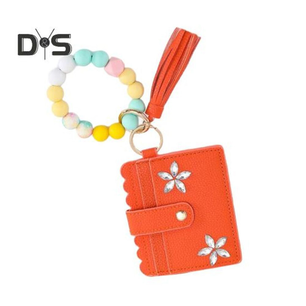 (as the picture, 1) RFID Shielded Card Holder with Rhinestone Flower And Beads Decor Women Wristband Wallet Keychain Faux Leather Credit Card Holder Purse with Tassel