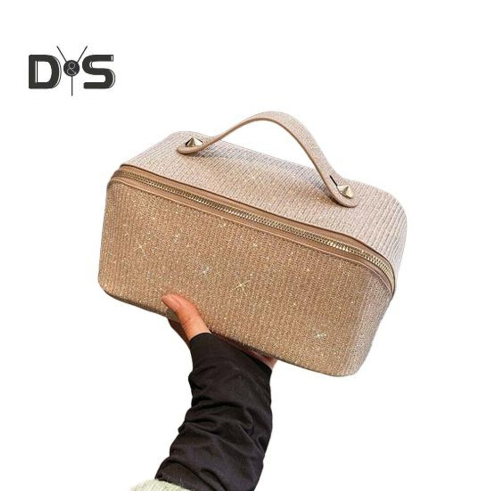 (golden) Cosmetic Bag With Handle Shiny Surface Detachable Design Zipper Closure Large Capacity Waterproof Travel Toiletry Bag For Makeup Skincare Brushes