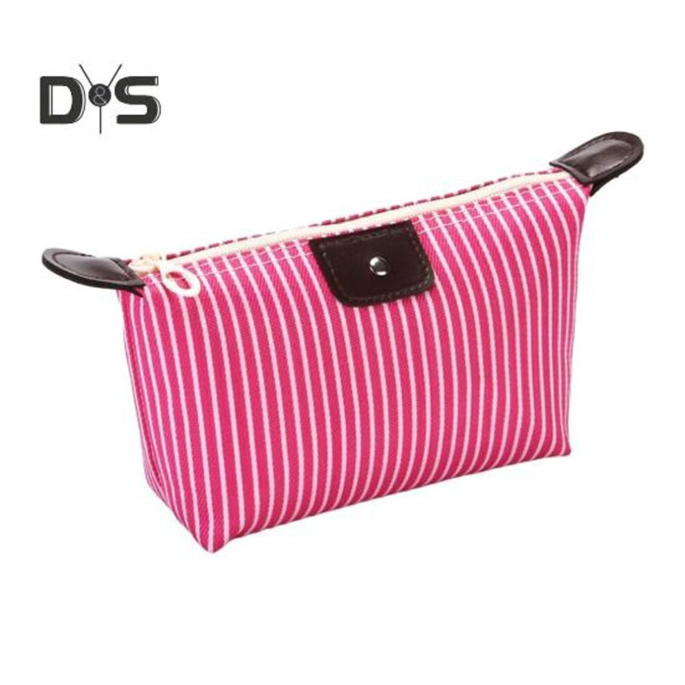 (rose red) Striped Cosmetic Bag Waterproof Foldable Large Capacity Zipper Closure Dumpling Shape Portable Makeup Organizer for Travel Home Storage