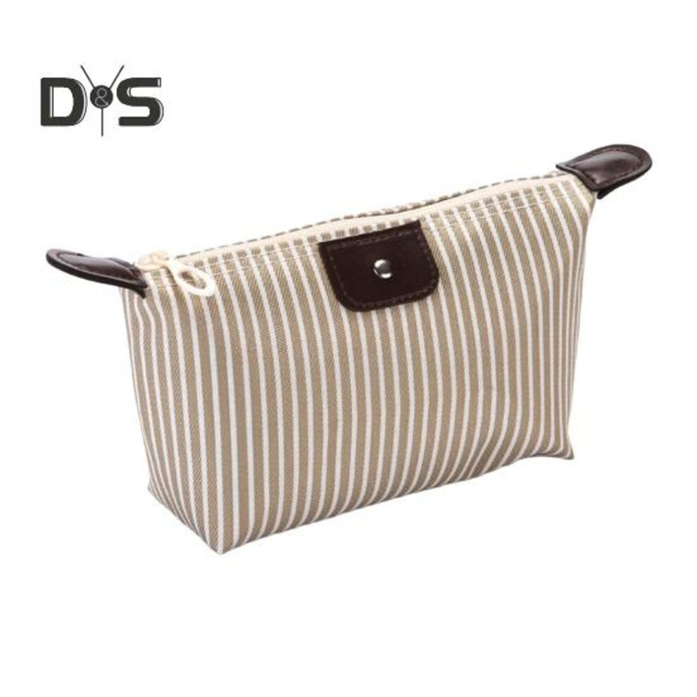 (beige) Striped Cosmetic Bag Waterproof Foldable Large Capacity Zipper Closure Dumpling Shape Portable Makeup Organizer for Travel Home Storage