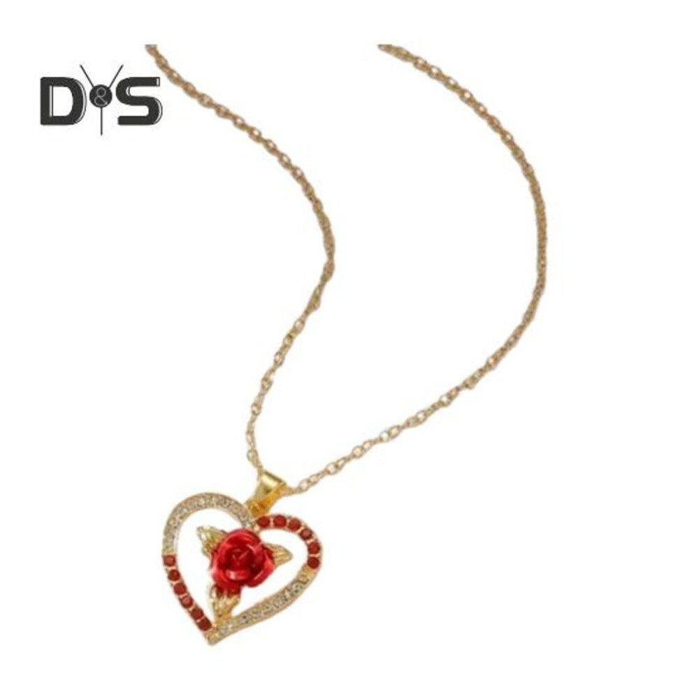 (golden) Women Necklace Rhinestone Heart Red Rose Pendant Contrast Color Polished Alloy Symbol Of Passionate Love Neck Jewelry For Dates Daily Wear Banquets
