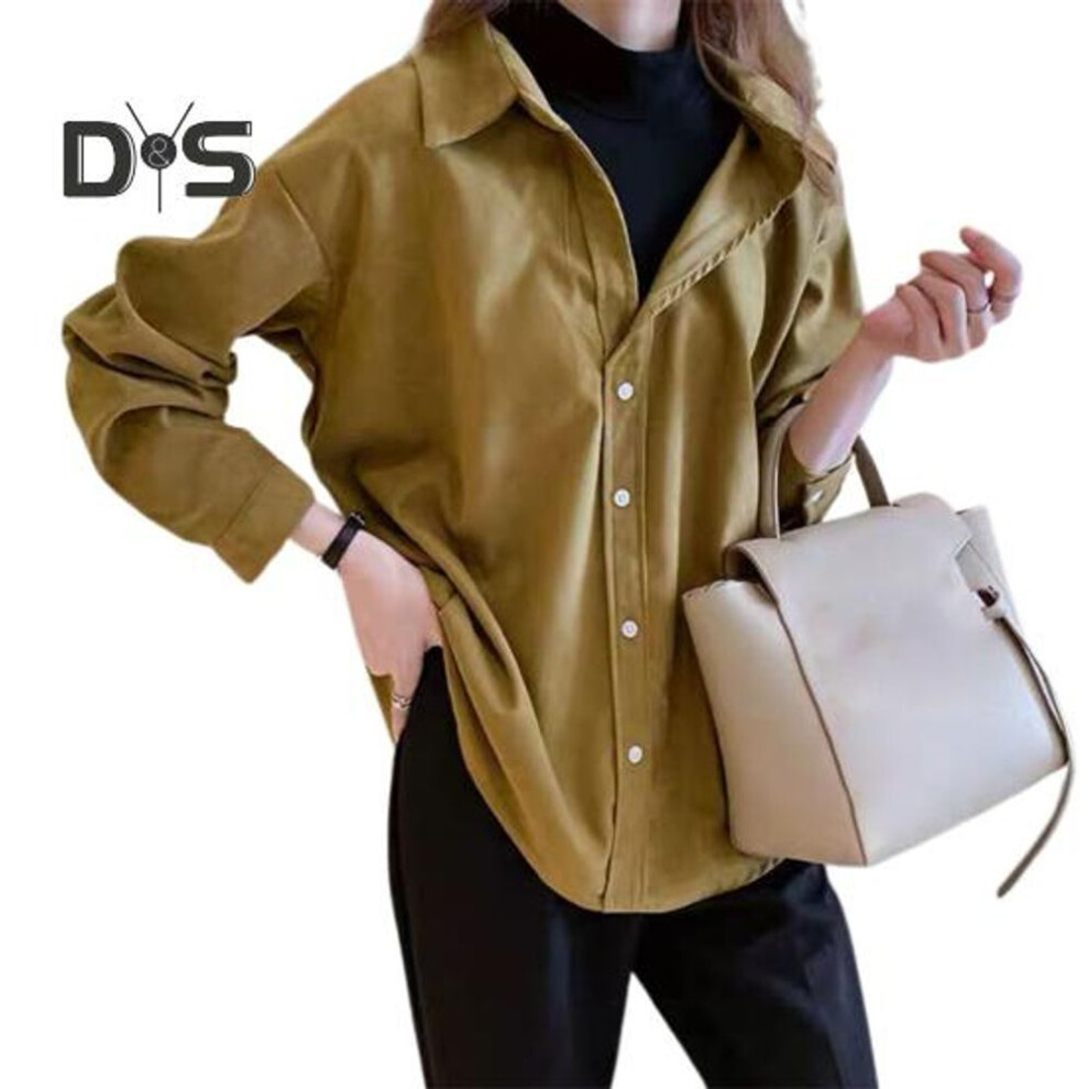 (XL, yellow) Women Corduroy Shirt Lapel Long Sleeve Single-Breasted Shirt Tops Bottoms Tops Layer Wear Commuter Style Shirt