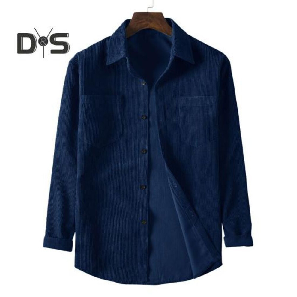 (L, navy blue) Men Corduroy Shirt Turn-down Collar Single-breasted Solid Color Loose Cardigan Retro Style Mid Length With Chest Pockets Top For Daily Wear Commuting