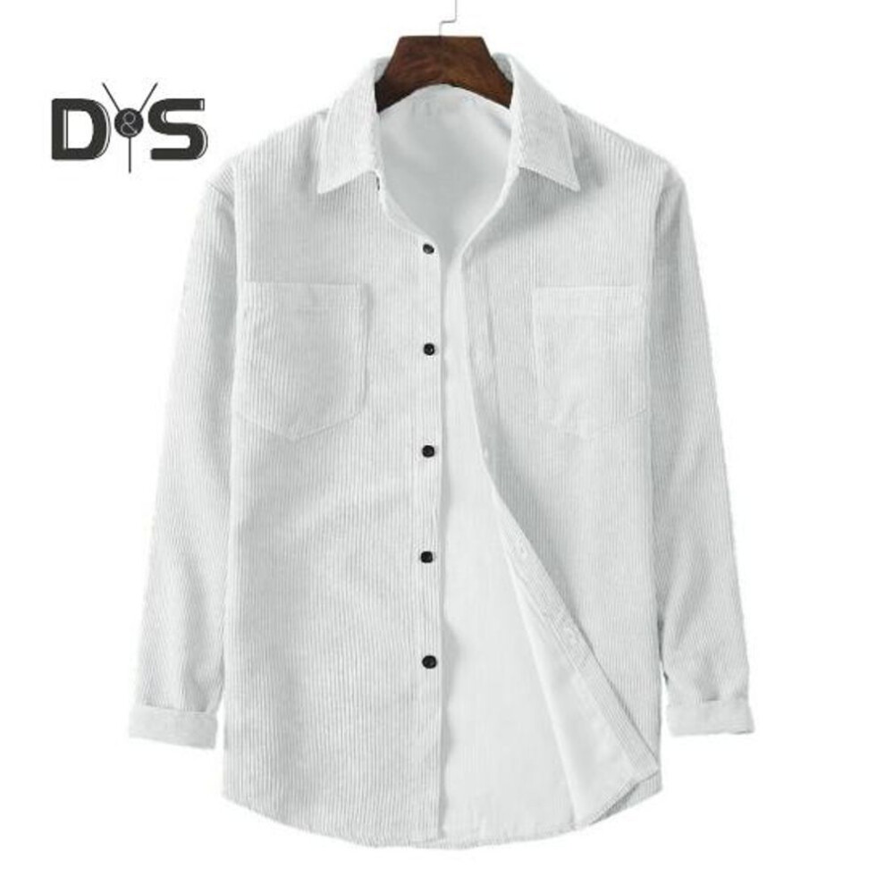 (M, white) Men Corduroy Shirt Turn-down Collar Single-breasted Solid Color Loose Cardigan Retro Style Mid Length With Chest Pockets Top For Daily Wear Commuting