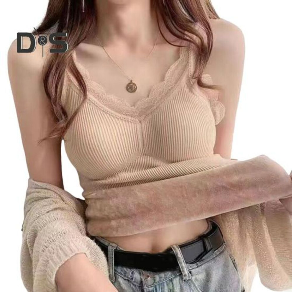 (3XL, beige) Women Thermal Vest Lace Trim Plush-lined V Neck Sleeveless Thread Solid Color Slim Fit Elastic with Chest Pads Layering Tank Top Lady Bottoming