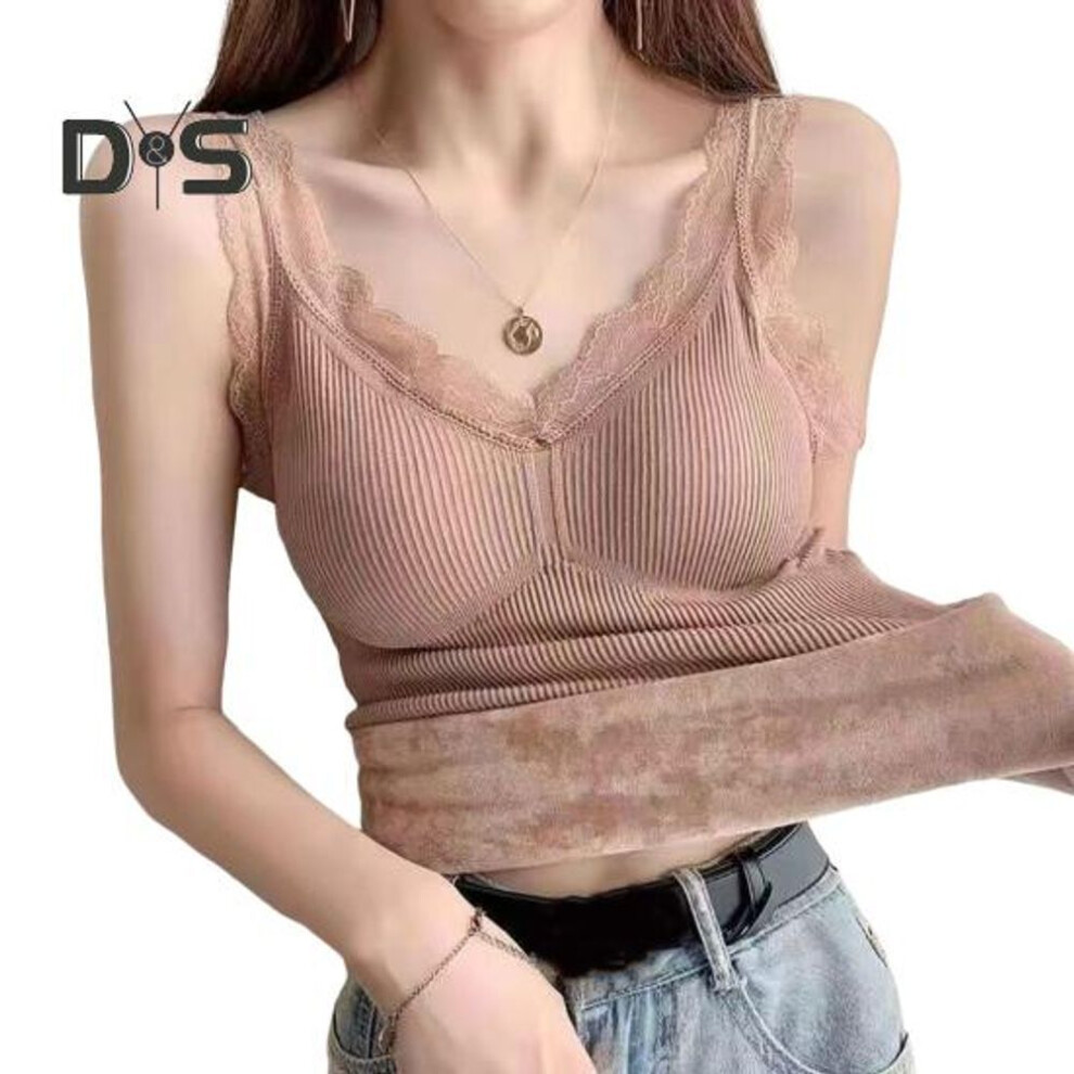 (XL, khaki) Women Thermal Vest Lace Trim Plush-lined V Neck Sleeveless Thread Solid Color Slim Fit Elastic with Chest Pads Layering Tank Top Lady Bottoming