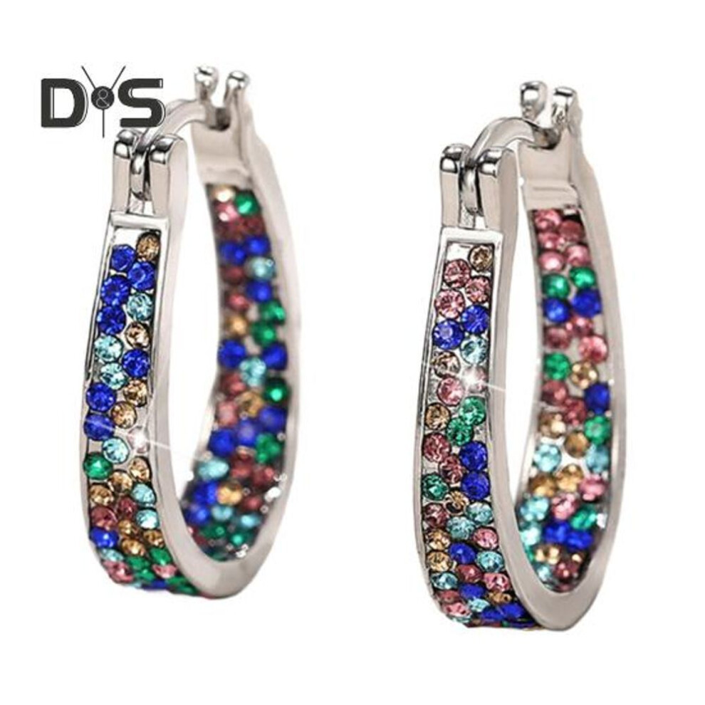 (blue) 1 Pair Women Hoop Earrings Colorful Rhinestone Large Circle Geometric Hanging Earrings Alloy Ear Jewelry For Daily Prom Party