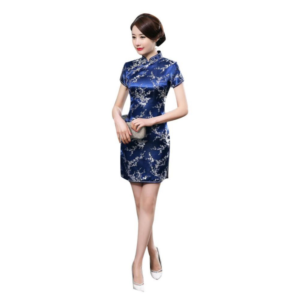 (XXL, navy blue) Diva Chinese Plum Blossom Bridesmaid Short Sleeve Split Mini Evening Dress