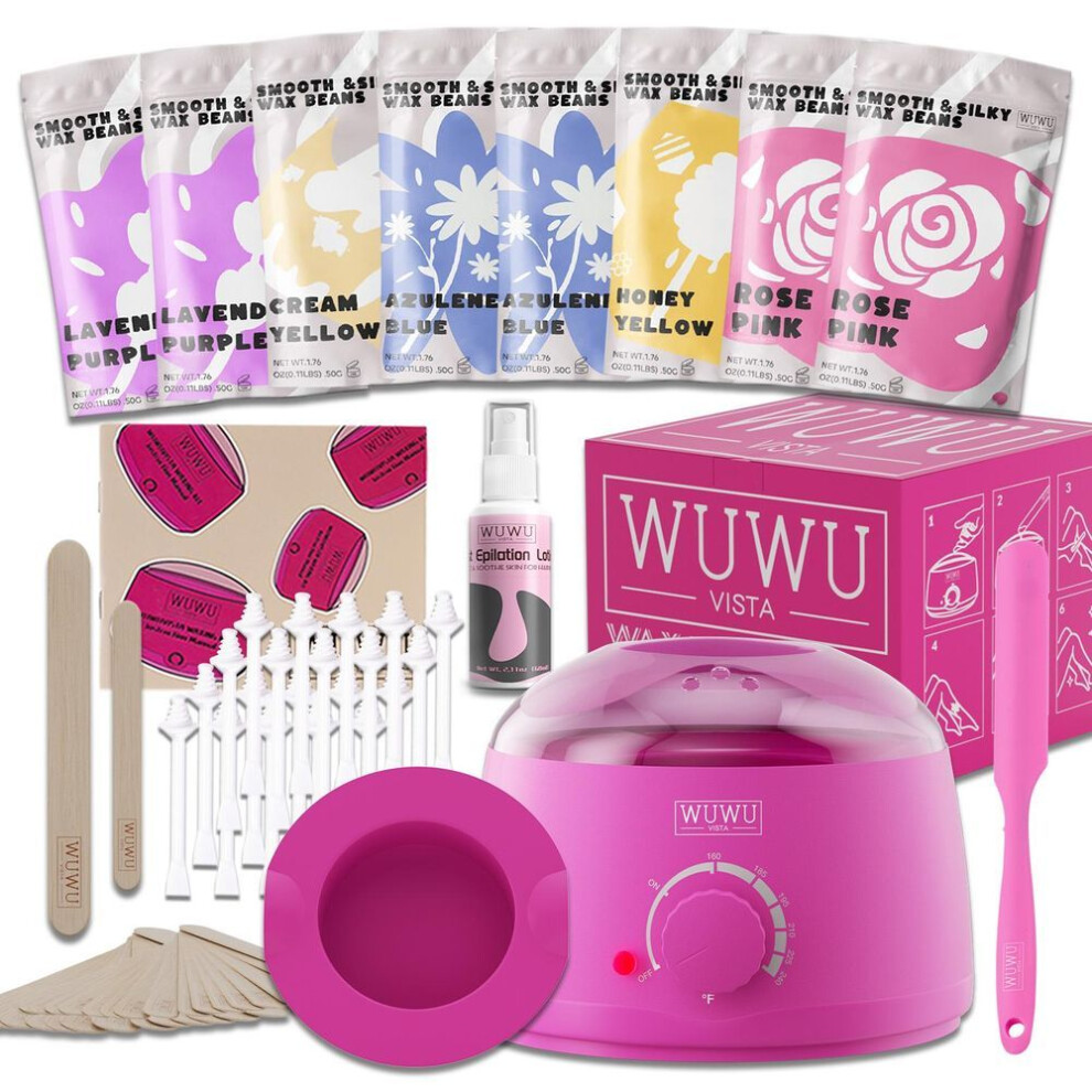 (as the picture, EU Plug) WUWUVISTA Waxing Kit 63pzs, Perfect Gift Set-Hair Removal Hard Wax with Wax Warmer,Waxing Beads for Face/Brazilian/Full Body/Bikini/Sensitive Skin