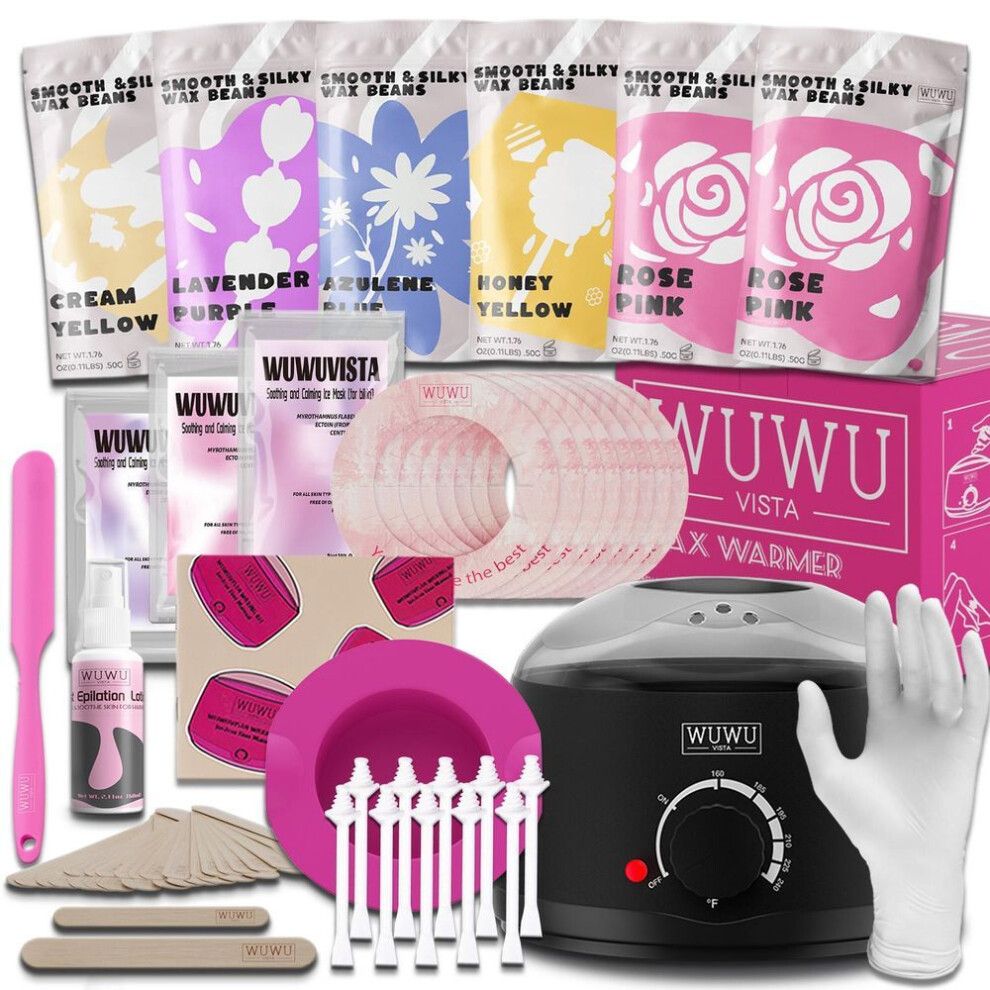 (black, EU Plug) Wuwuvista 56pc Hair Removal Set For Brazilian/face/body, Includes Wax Warmer, Wax Beads & Post-care Kit