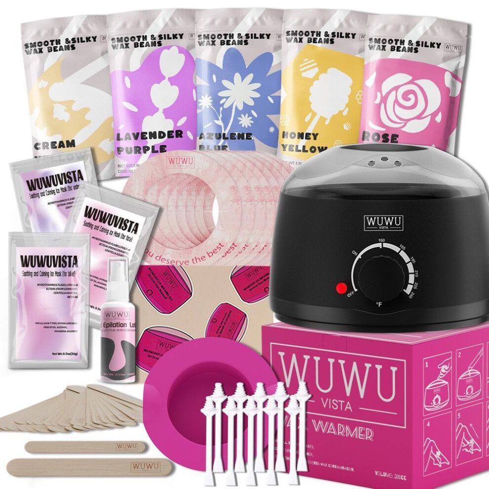 (black, UK Plug) Wuwuvista 52pc Professional Waxing Kit – Facial, Body&nose Hair Removal Hard Wax Beans & Wax Warmer Set For Sensitive Skin, Includes Lotion