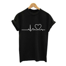 (Black,L)Zomer Dames ronde hals gedrukt T-shirt modieus hartslag korte mouwen losse
