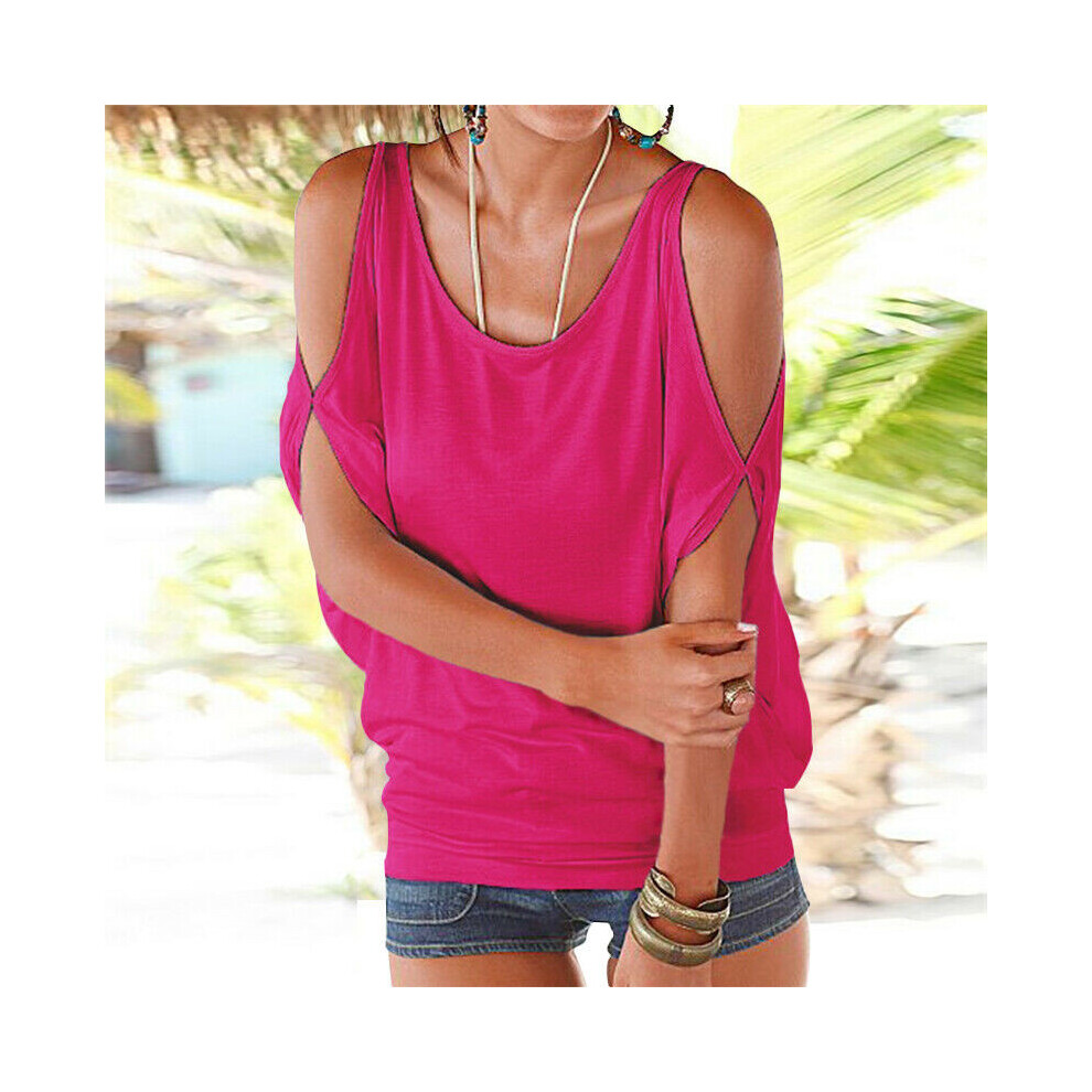 (Rose Red,XL)Tshirt femme été manches chauve-souris haut chemisier vêtement col rond manches courtes