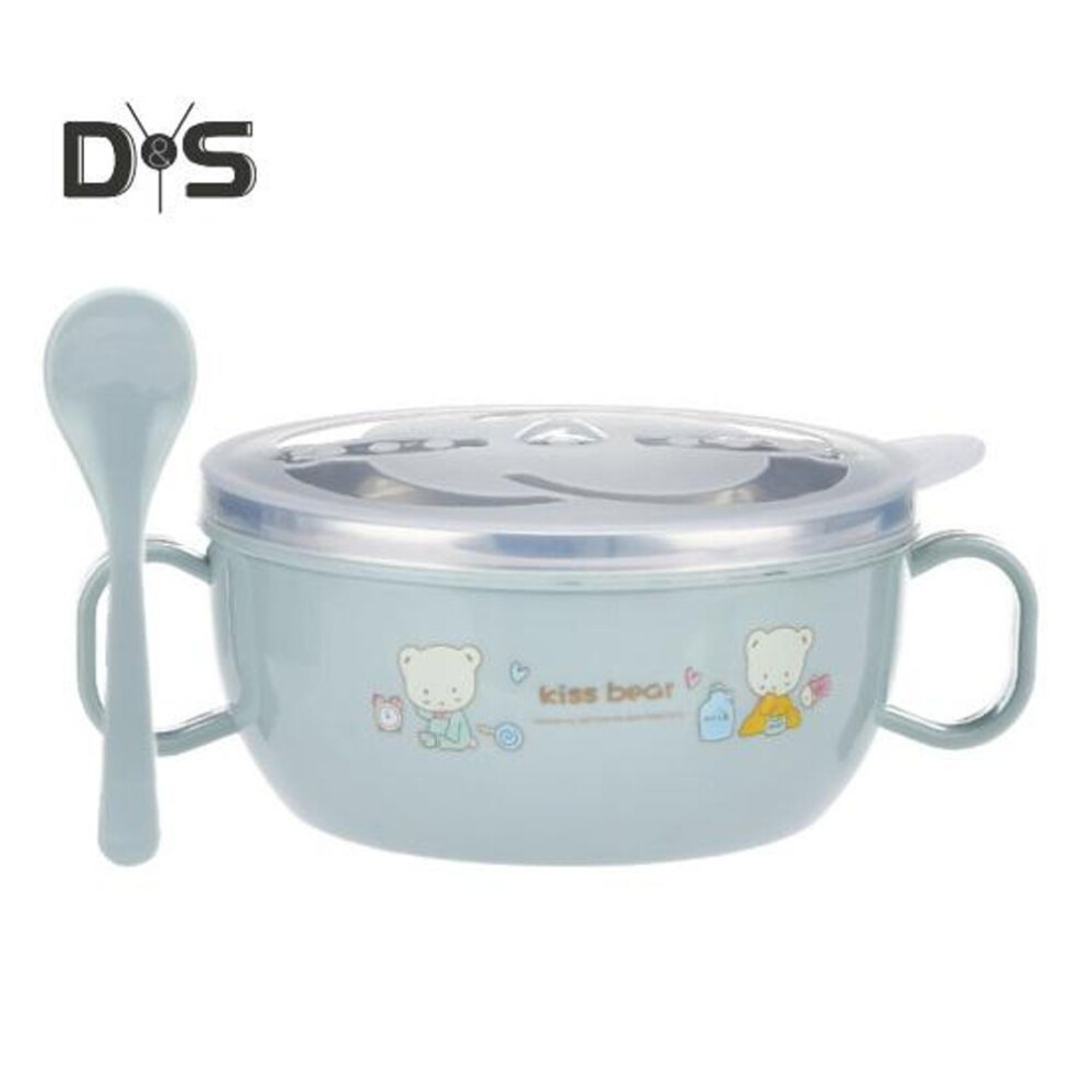 (blue) Kids Training Bowl Fall Resistance High Temperature Resistant with Lid Easy to Clean Dual Handles Dustproof Stainless Steel Cartoon Kids Bowl