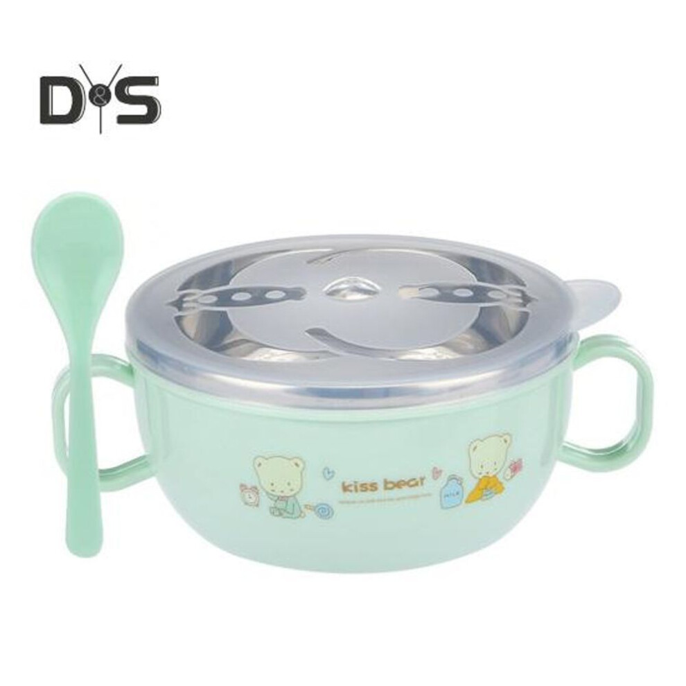 (light green) Kids Training Bowl Fall Resistance High Temperature Resistant with Lid Easy to Clean Dual Handles Dustproof Stainless Steel Cartoon Kids Bowl