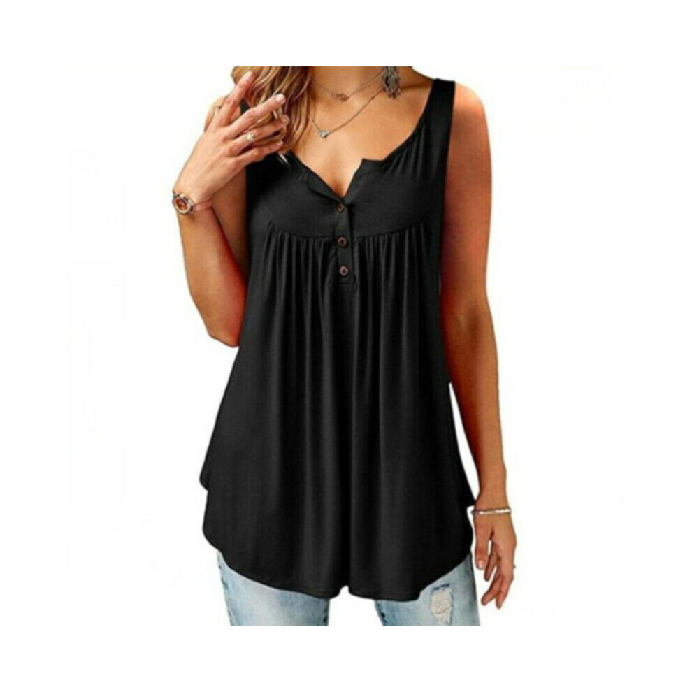 (Black,5XL)Tunique femme à volants col O swing chemisier bouton sans manches chemise décontractée hauts débardeur